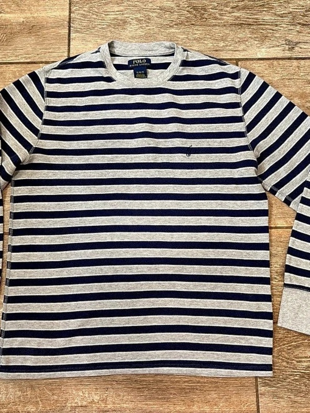 Polo Ralph Lauren Striped Waffle-Knit Thermal Long-Sleeve Shirt Blue & Gray XL